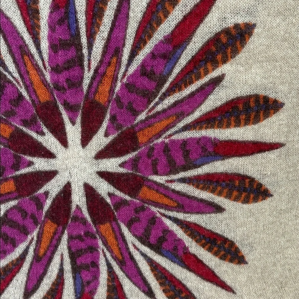Pistil tan scarf wrap with colorful purple orange brown floral sunburst design